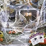 Wzone 200g Spinnennetz mit 60 Spinnen – Dehnbare Halloween Deko für Innen & Außen, Gruselige Spinnweben Deko für Garten, Haus & Party