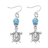 Boho Turtle Dangle Earrings Handmade Polymer Clay Metal with Turquoise Bead Stone Cute Ocean Sea Animal Earring for Women