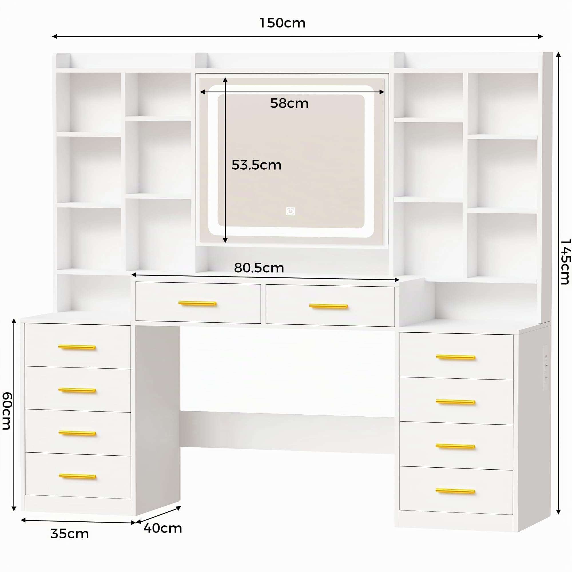 ANWBROAD 150cm Toeletta da Trucco con Specchio e Luci LED Ripiani nascosti