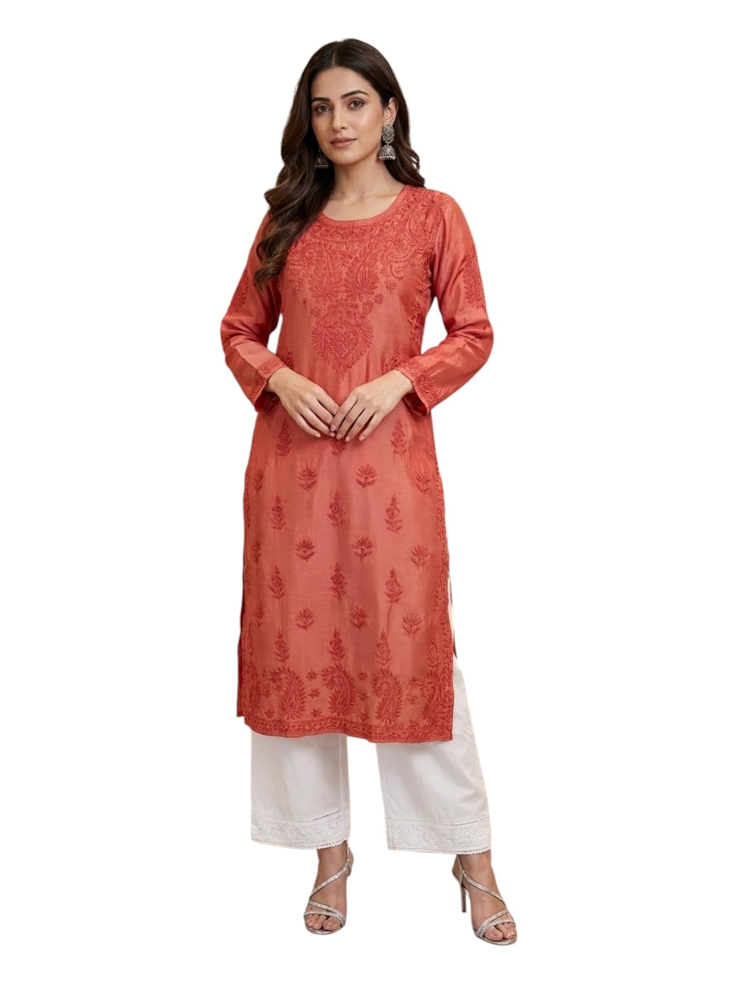 a Women’s Handcrafted Muslin Chikankari Long Kurta Red-image-48