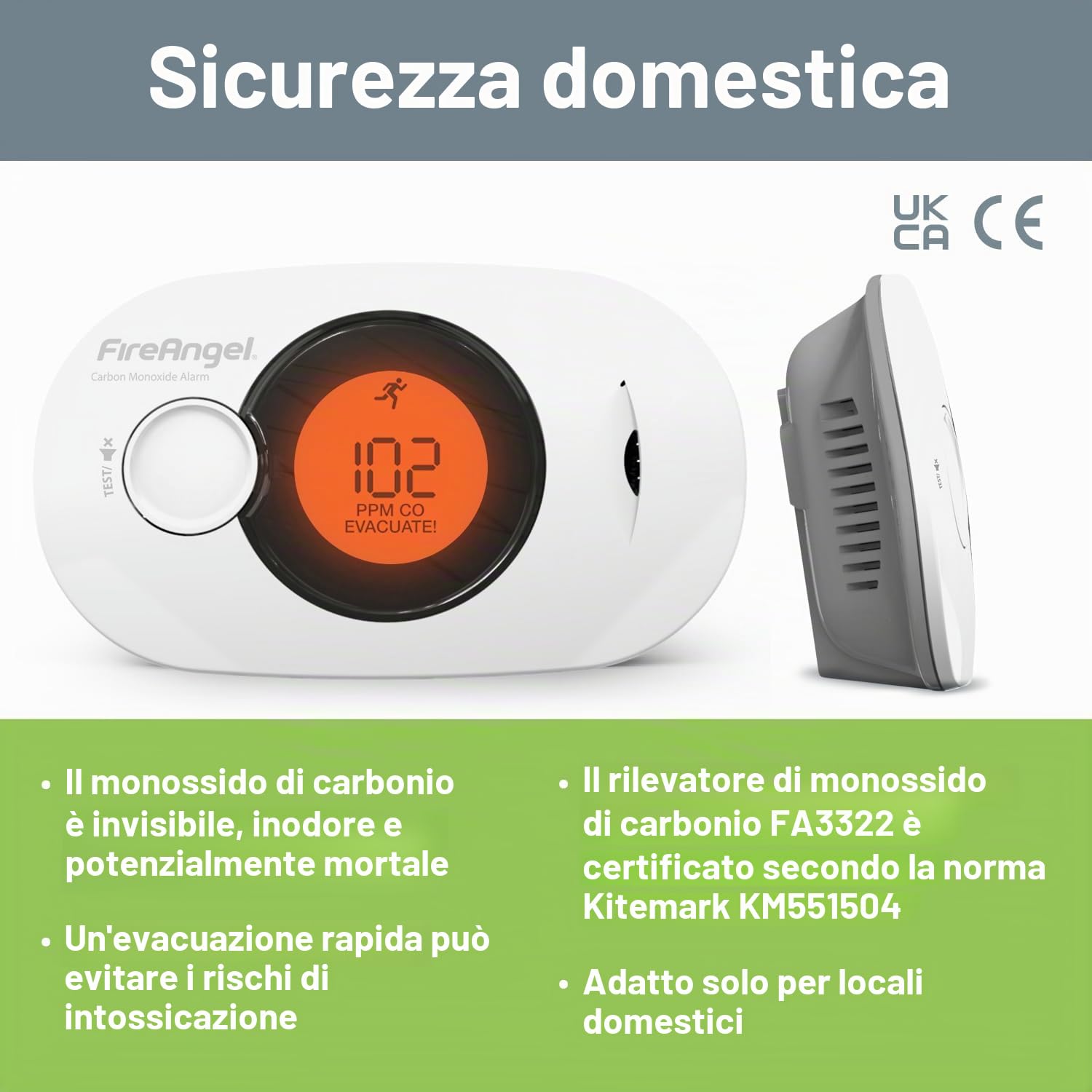 FireAngel FA3322, Rilevatore di Monossido di Carbonio Digitale, Monitor Rilevatore di CO, Sensore di umidità e temperatura Portatile con Batteria 10 Anni, NF certificato