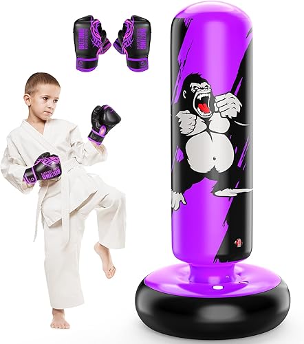 QPAU Saco de boxeo para niños, bolsa de boxeo inflable estable de 66 pulgadas con guantes de boxeo, juguete de saco de boxeo para niños y niñas de 5