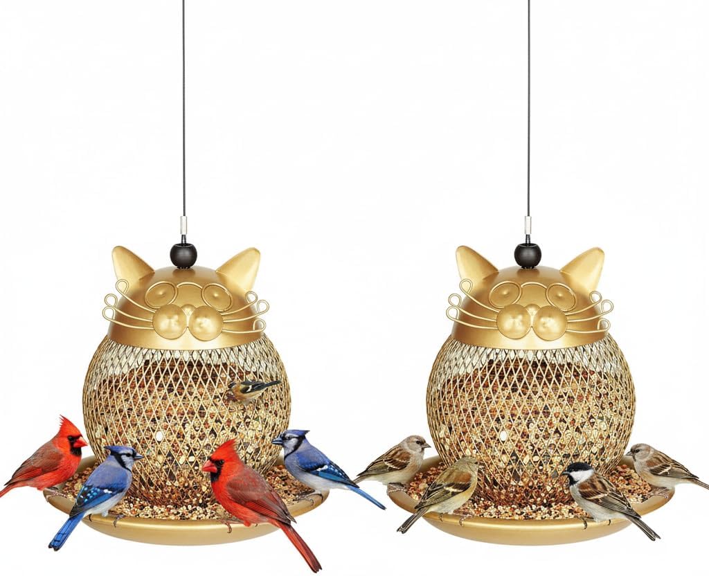CEDAR ALPHA Cat Grandpa Wild Bird Feeder Squirrel Proof Hanging Bird Feeder for Outside, Peanut and All Kinds of Seeds,Yard Garden Decor,Set of 2, Color: Gold