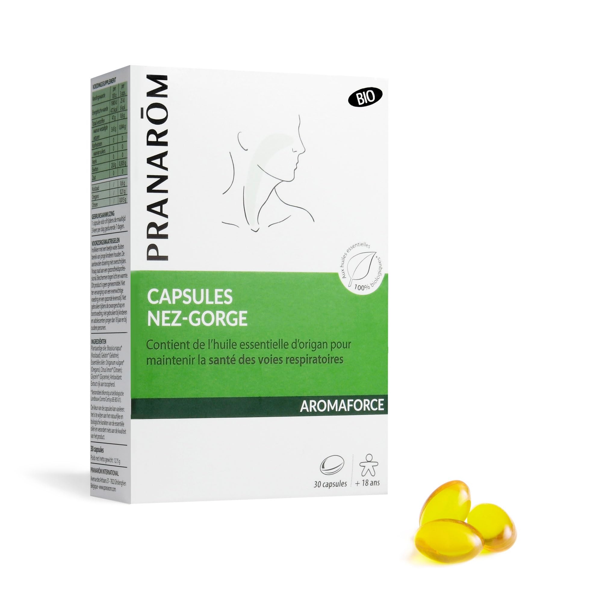 Pranarôm - Aromaforce - Capsules Nez-​Gorge, Compléments Alimentaires Aux Huiles Essentielles, Origan vulgaire, Maintient La Santé Des Voies Respiratoires, Citronnier, 100 Pour cent Bio - 30 Capsules