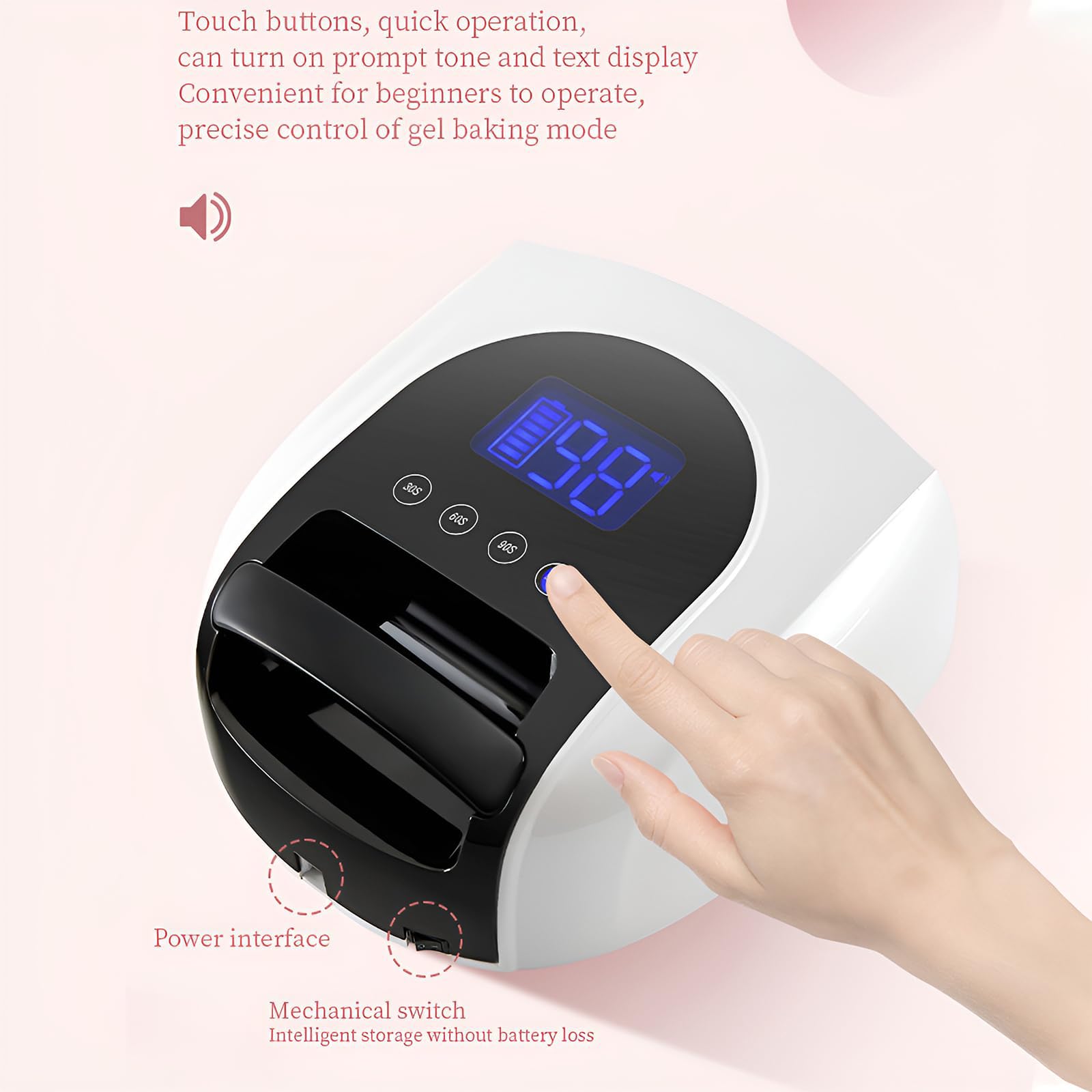 Lámpara de uñas LED UV inalámbrica de 96 W, secador de uñas recargable con 42 cuentas de lámpara, batería de 19200 mAh, 4 ajustes de temporizador y pantalla LCD, base extraíble con sensor automático