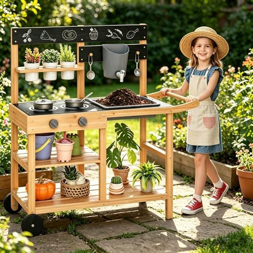 Amazon.com: Costzon Mud Kitchen with Wheels, Wooden Kids Potting Bench ...