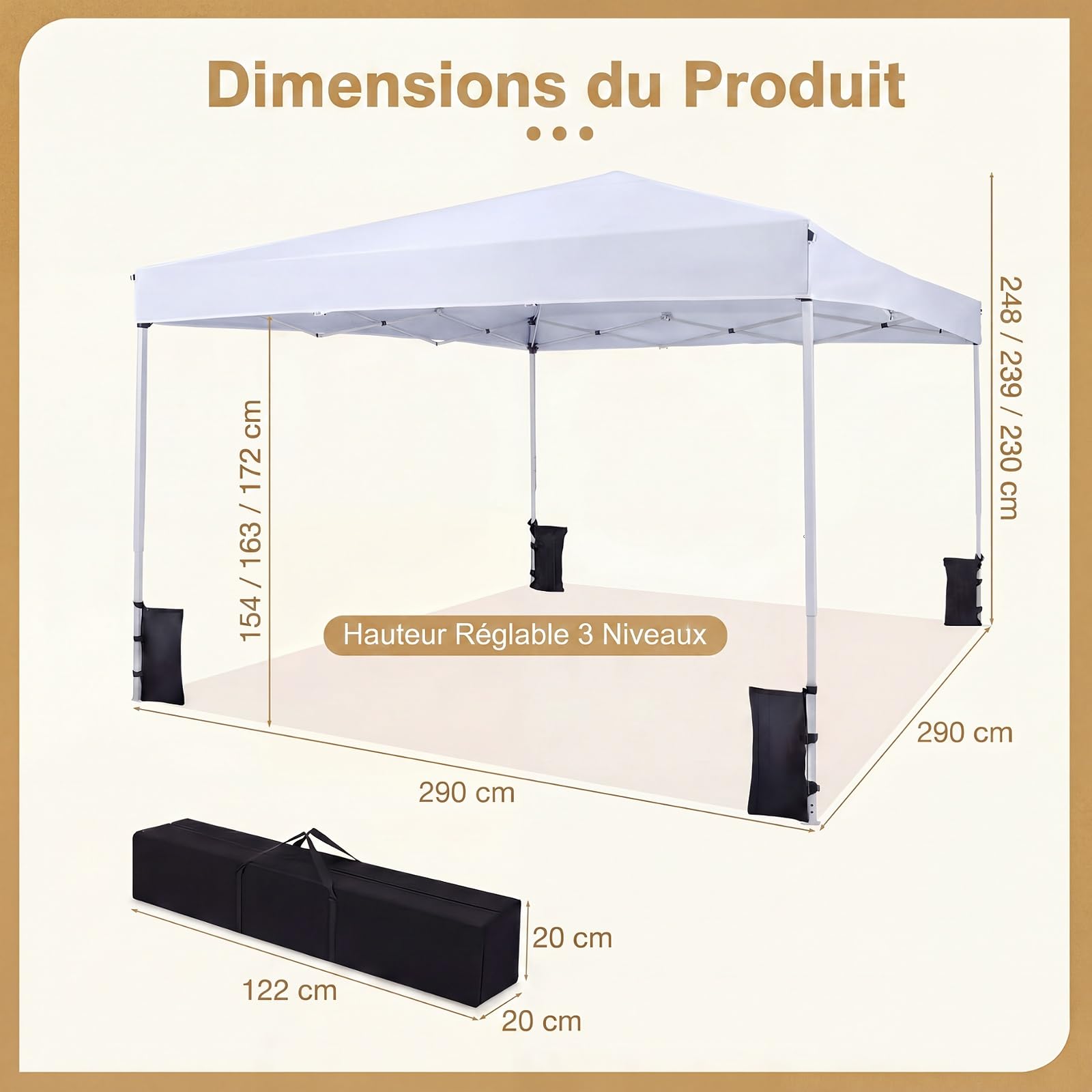 RELAX4LIFE Tonnelle Pliante 3x3 Imperméable, Barnum Pliant Facile à Monter, Protection Solaire UPF50+, Tissu Oxford Argenté, Cadre Métallque, Sac Inclus, Gazebo 3x3 pour Terrasse Marché Camping(Blanc)