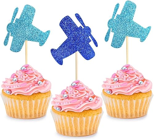 24 piezas de decoración de cupcake de avión con purpurina para fiesta de cumpleaños, compromiso, boda, baby shower, aniversario, fiesta, pastel,