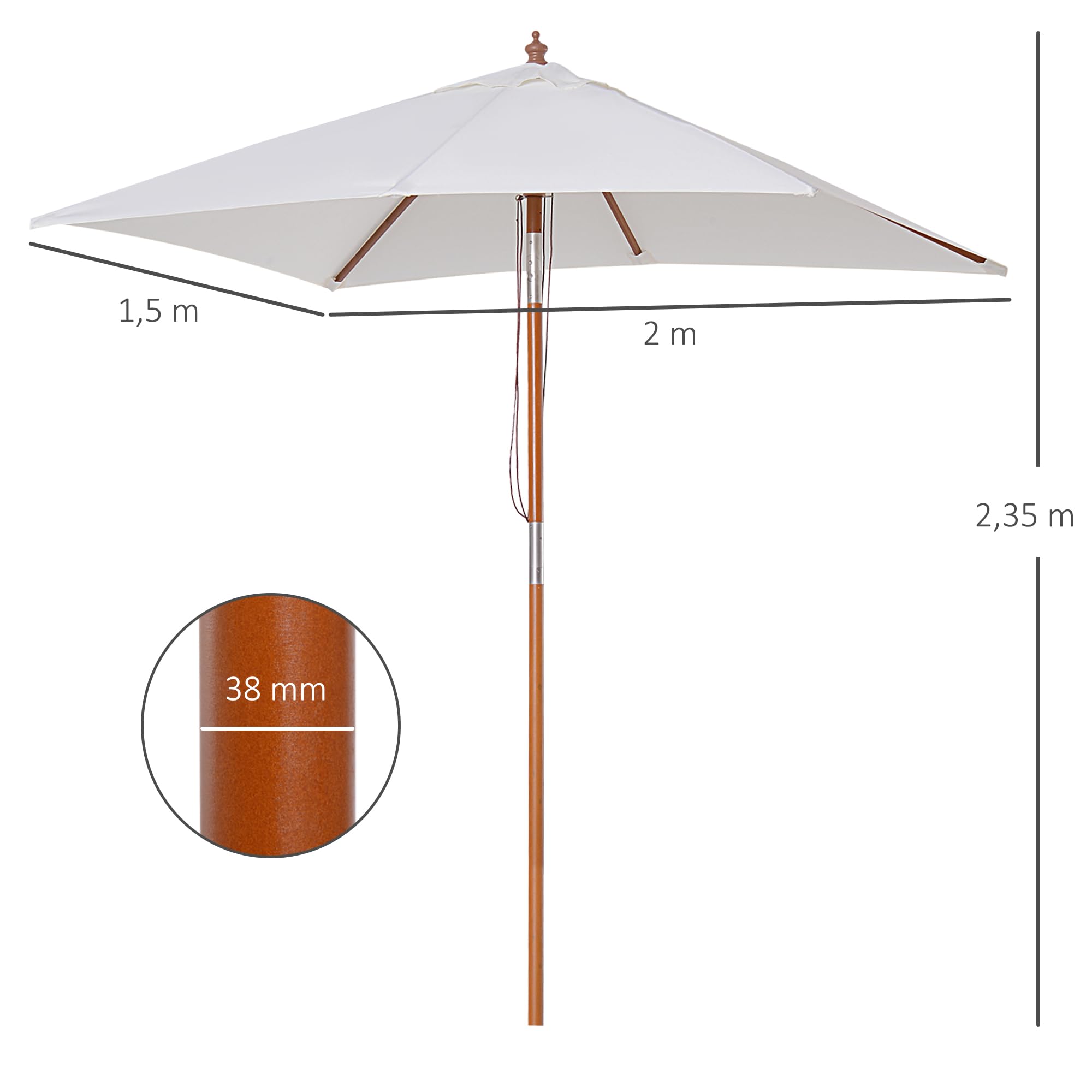 Outsunny Parasol de jardin extérieur Parasol rectangulaire inclinable bois polyester haute densité 2L x 1,5l x 2,3H m crème