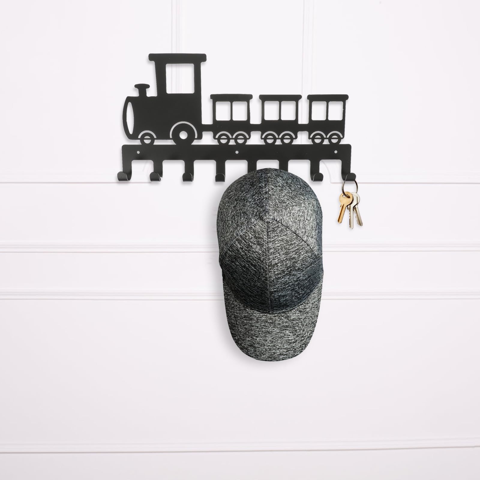 Gancho de Pared de Hierro Diseño de Tren Retro, 8 Ganchos para Colgar Ropa y Toallas, Color Negro, Adecuado para Organización en Entrada y Baño, Compacto y Resistente