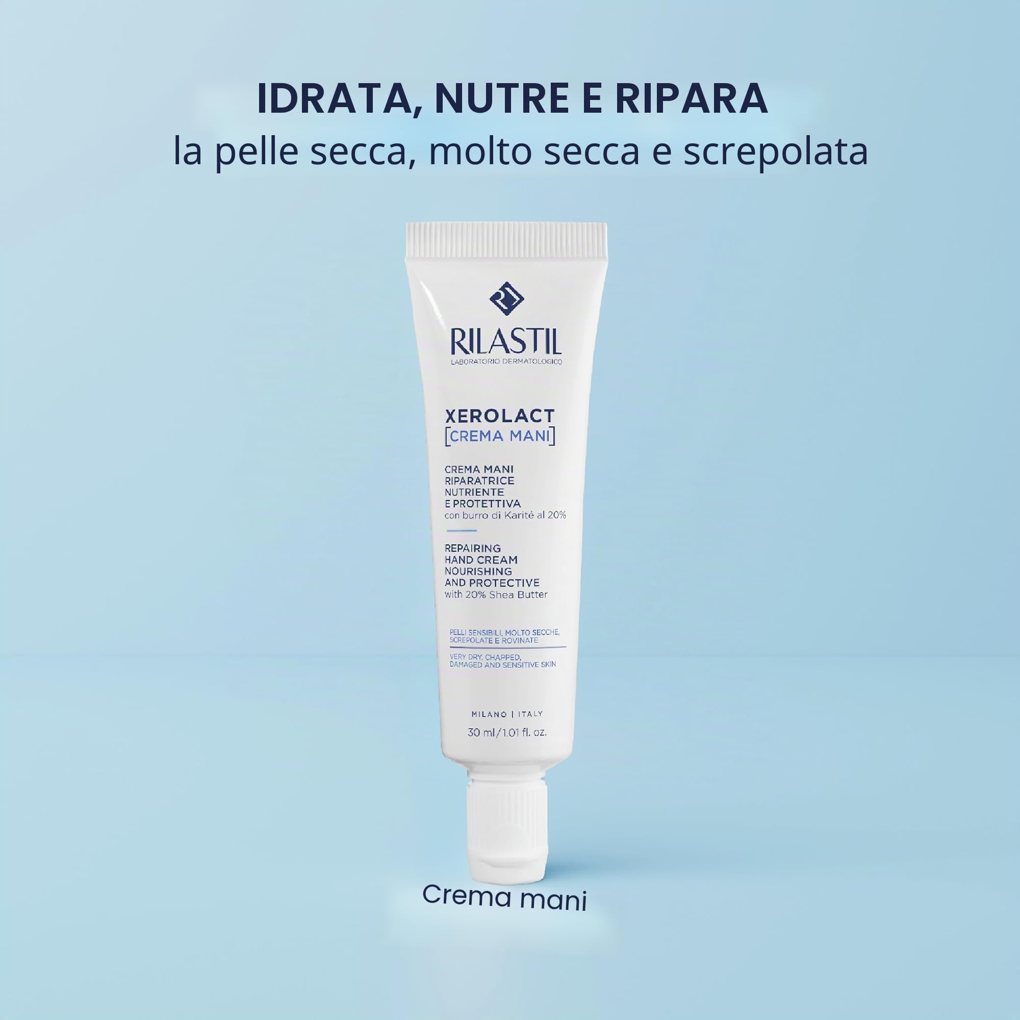 Rilastil Xerolact Crema Mani Riparatrice, Trattamento Restitutivo, Nutriente e Protettiva con Burro di Karité per Pelli Sensibili, Molto Secche, Confezione da 100ml