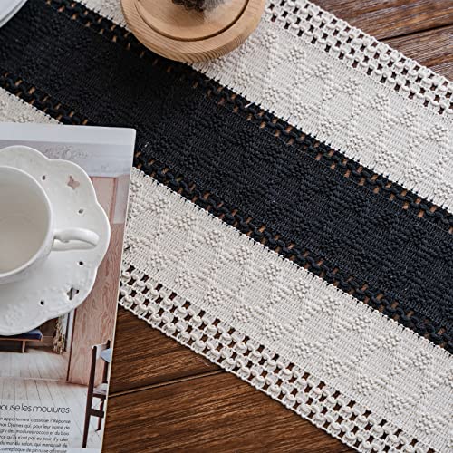 Alynsehom Macrame Table Runner Cream Beige and Black Boho Table Runner with Tassels Hand Woven Cotton Table Runner Rustic Farmhouse Table Runner for Bohemian Kitchen Dining Table (12\"Wx95\"L, Black)