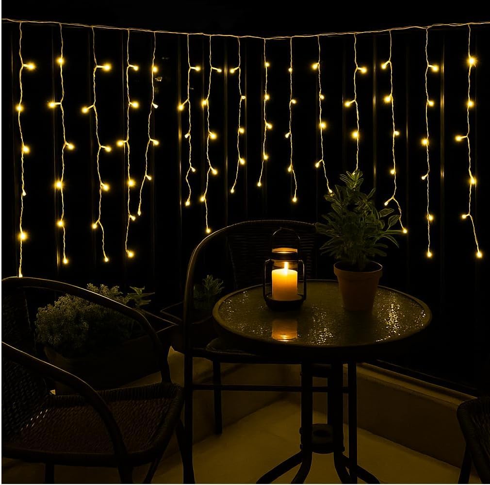 Elektronova Lichtervorhang mit 200 LEDs, 5 m, gelbes Licht, weißes Kabel, IP65, verlängerbar, mit hängenden Drähten in abwechselnden Längen (30 – 70 – 40 – 60 cm) für Wasserfall-Effekt