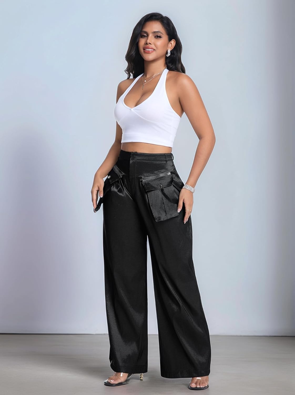 Wide Leg Cargo Pants for Women High Waist Shiny Trousers with Pockets - Image 5