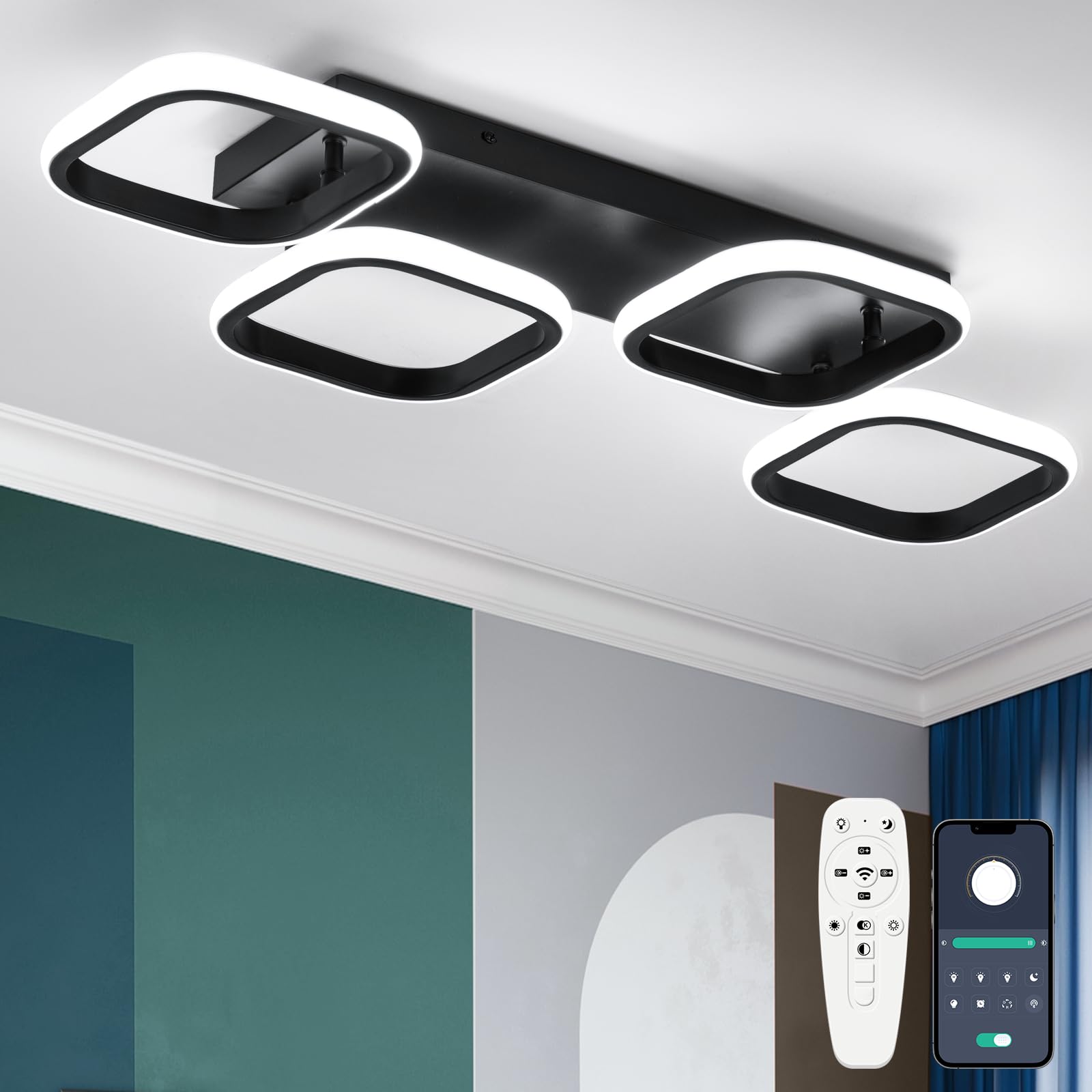 Vloitgol Dimmable Ceiling Light LED, 69cm 4-Square Black Modern led Ceiling Lights Fixtures with Remote Control for Dining Room Bedroom Office Entrance Hallway Kitchen Living Room Light - 40W Black
