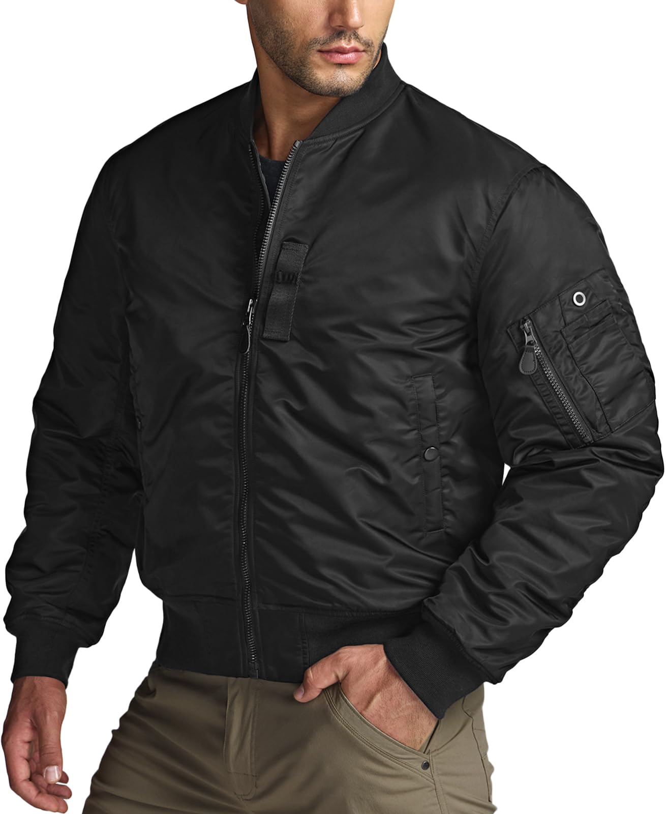CQR Men's Casual Bomber Jacket, Outdoor Fall/Winter Zip-Up Windbreaker, Water Resistant Padded MA-1 Flight Jacket with Pocket Watcher Black 3XL