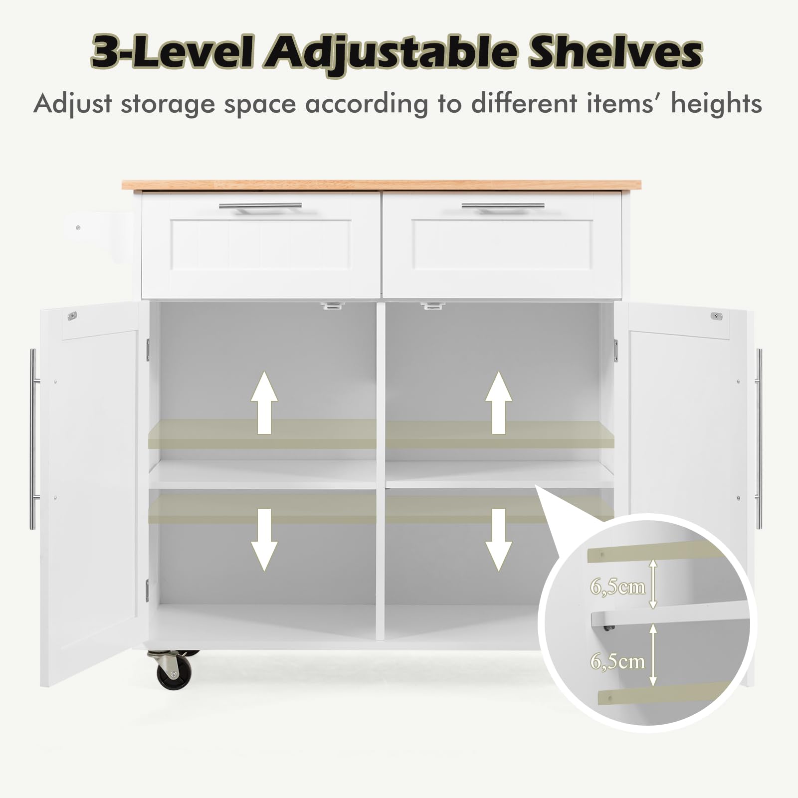 KOMFOTTEU Carrello da cucina con piano di lavoro, isola da cucina con ruote, carrello da portata con 2 cassetti e porte, carrello grande in legno, carrello da cucina, 94 x 45,5 x 94,5 cm (bianco)