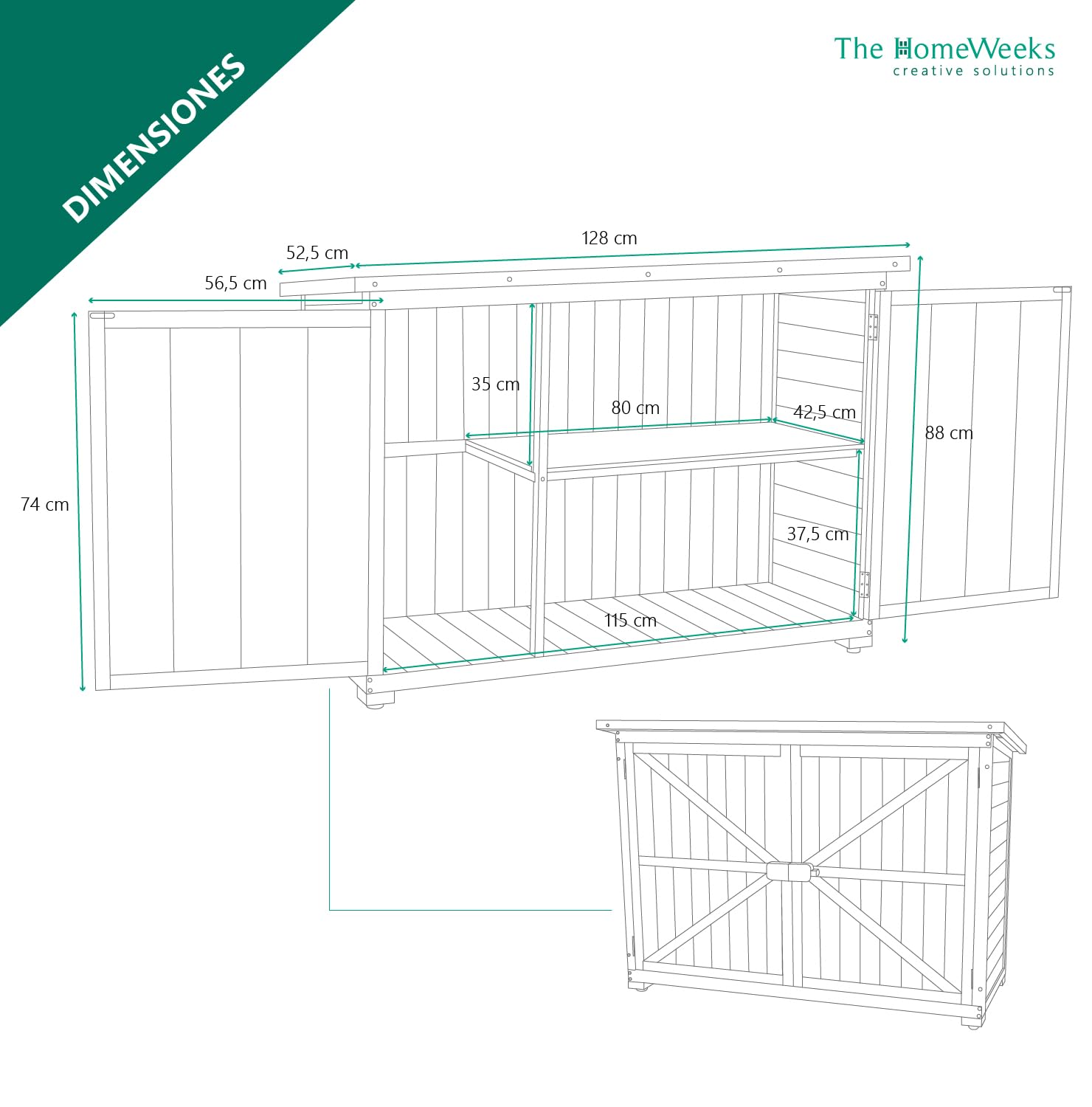 The Homeweeks Cobertizo Armario Jardín | IZELA | Madera Tratada Maciza 128 * 52 * 88cm | Armario Multiusos | Impermeable | para Almacenamiento de Herramientas y Accesorios de jardín
