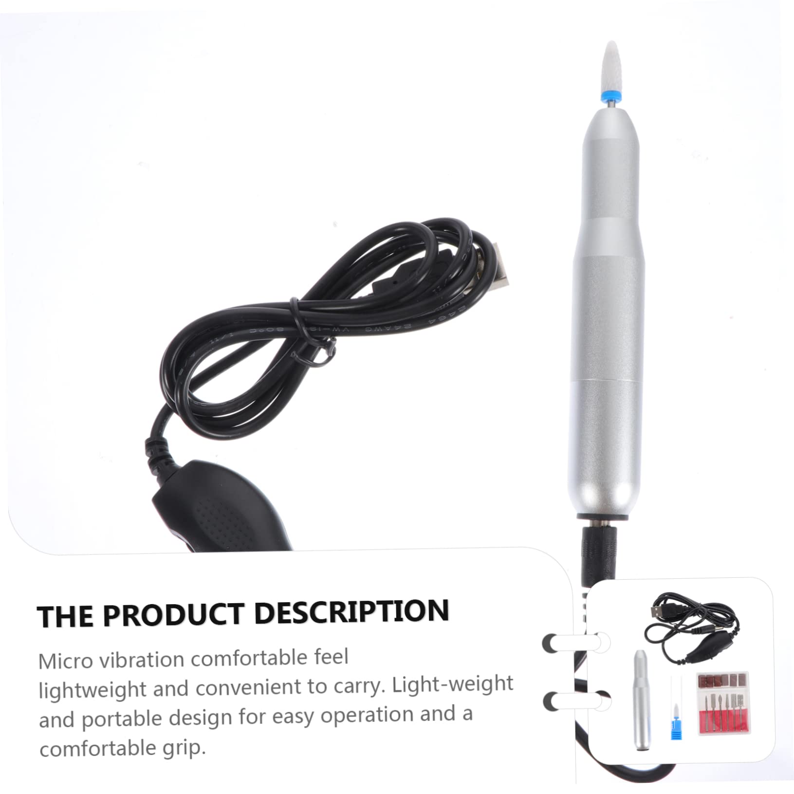 Lima de Uñas Eléctrica Portátil de Aluminio Plata 20000 Rpm USB | Juego de 1 Set, Cabezales de Lijado y Pulido, Línea de Carga Usb, Uso Profesional y Doméstico
