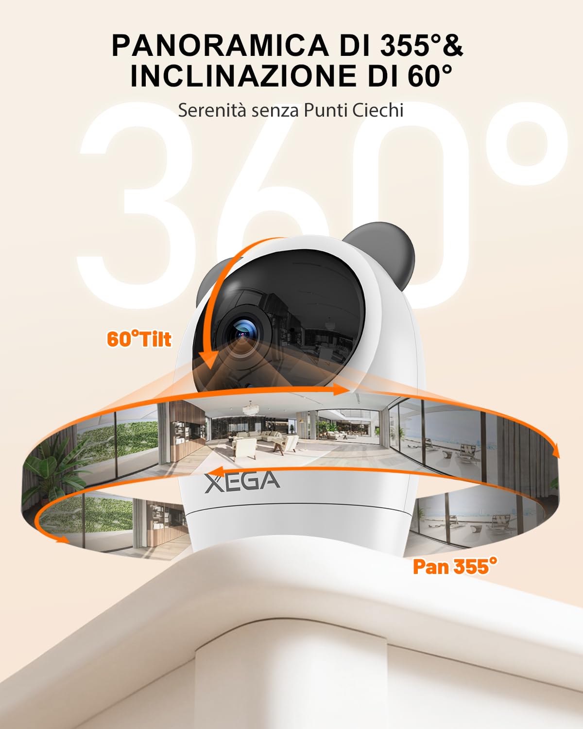 Xega Telecamera 4G Interno SIM, 24/7, 2K Notte, Senza WiFi, 355° Pan | Rilevamento PIR, Audio Bidirezionale, TF/Cloud, 60° Tilt, Per Neonati, Anziani e Animali
