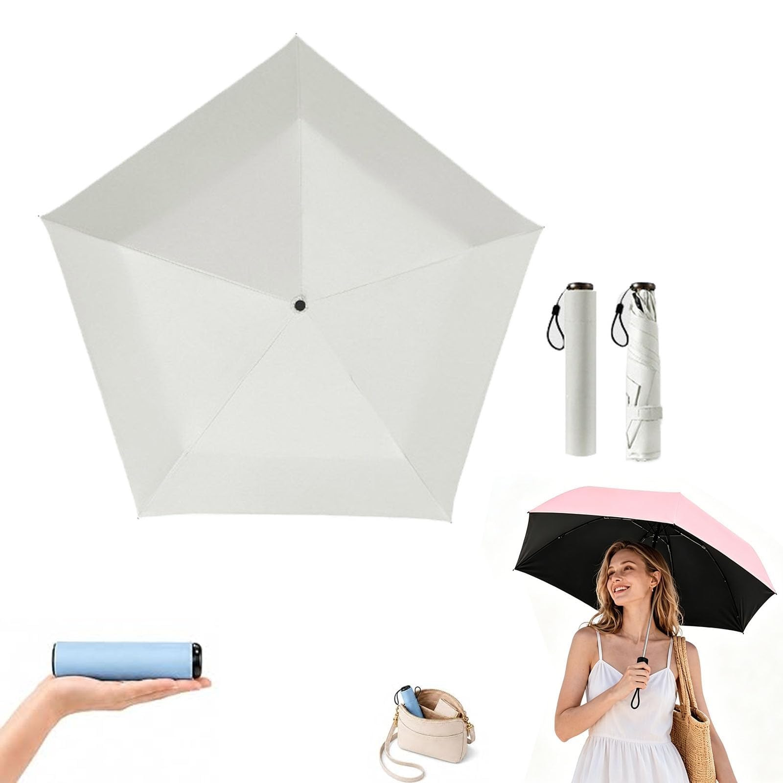 HFDHD Japan Pencil Umbrella,Ultra Light Foldable Pocket Parasol,Compact Folding Pocket Parasol for Rain, Backpack, Handbag, Commute, Beach, Hiking, Outdoor (Off-White)