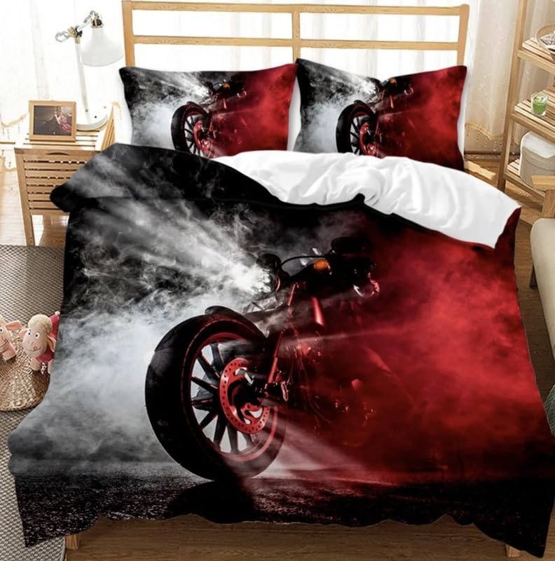 Housse de couette 90x190 moto rouge anti-plis en microfibre douce pour lit enfant facile à border