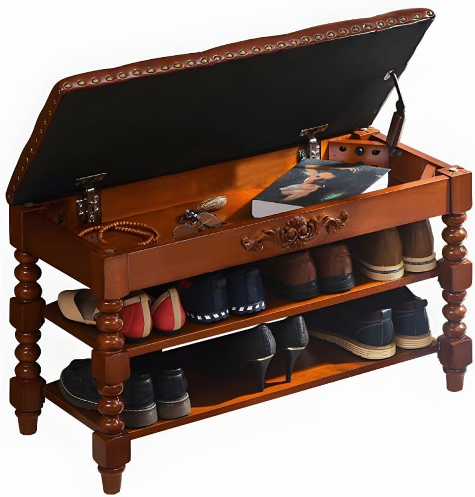Upholstered Entryway Shoe Storage Bench with Flip Top Wood End of Bed Bench with Storage Shelves (Walnut, 23.6" L x 13.8" W x 18.9" H)