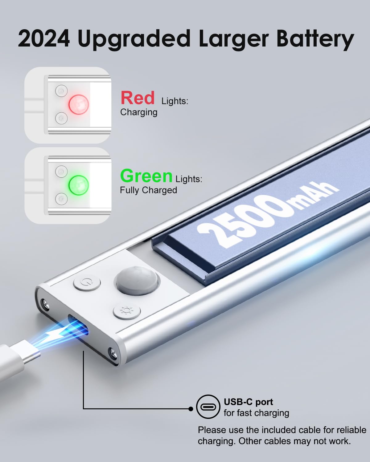 Unterschrankbeleuchtung, 30 cm, 2500 mAh, wiederaufladbar, batteriebetrieben, Schrankleuchten mit 3 Farbtemperaturen, 108 LEDs, kabellose Bewegungsmelder-Lichter für den Innenbereich, dimmbare Lichter