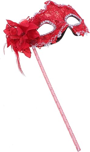 ABOOFAN Máscaras de encaje medio en máscara en palo de Halloween en un palo de mardi gras máscaras de baile con mango de palo
