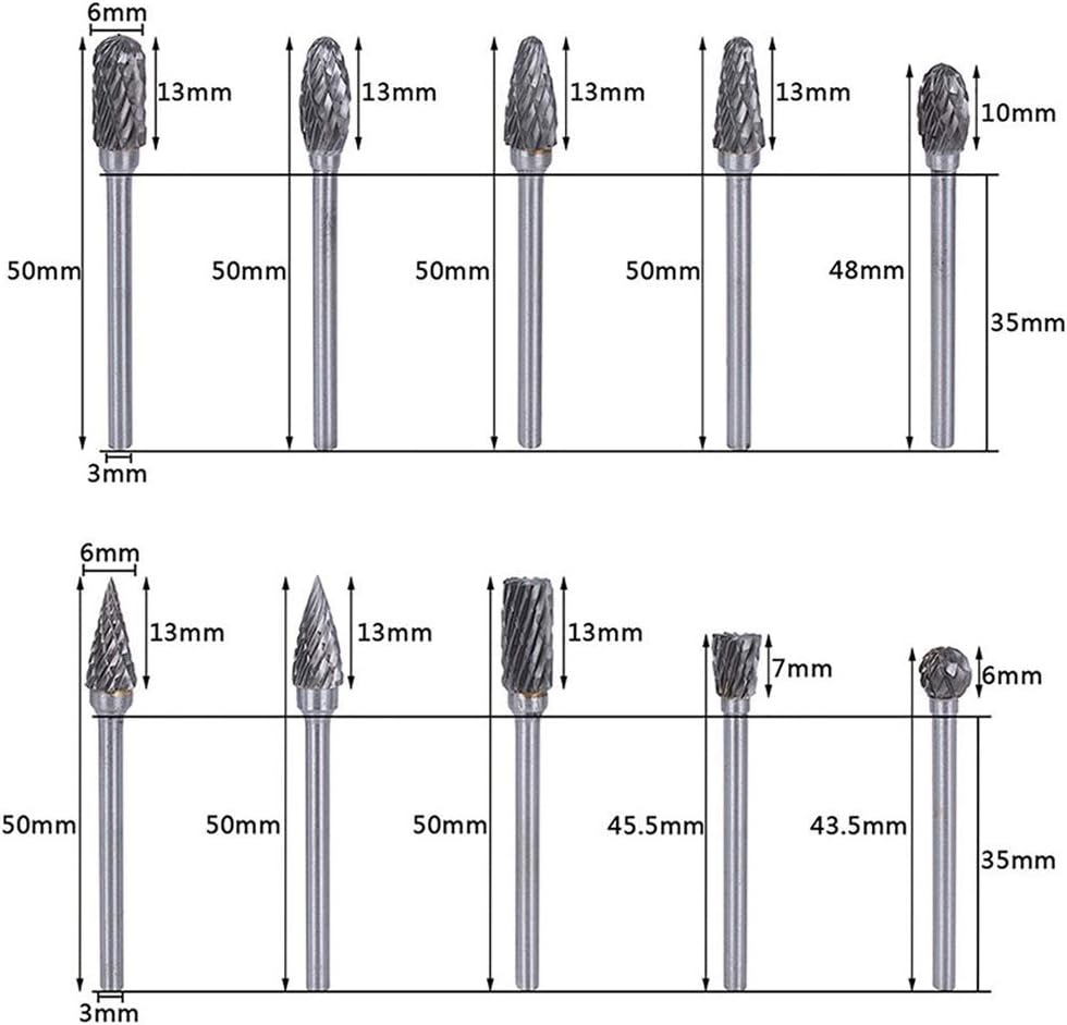 Double Cut Carbide Rotary Burr Set - 10 Pcs 1/8" Shank, 1/4" Head Length Tungsten Steel for Woodworking,Drilling, Metal Carving, Engraving, Polishing