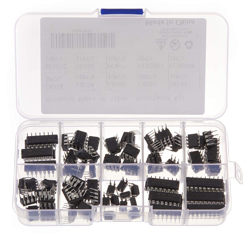 85 pcs 10 Types Integrated Circuit chip Assortment Kit,opamp,Single Precision Timer,pwm,Including:LM324 LM358 LM386 LM393 UA741 NE5532 NE555 PC817 ULN2003 ULN2803.