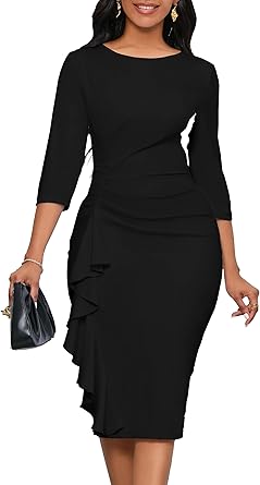 Dresses for Women 3/4 Sleeve Bodycon Ruffle Vintage Wear to Work Pencil Midi Dress