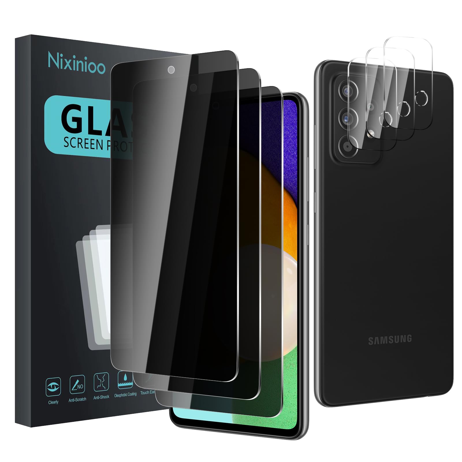 Nixinioo 3 Pack Privacy Screen Protector for Samsung Galaxy A52/A52s With 3 Pack Camera Lens Protector, Anti Spy Tempered Glass, 9H Hardness, Black