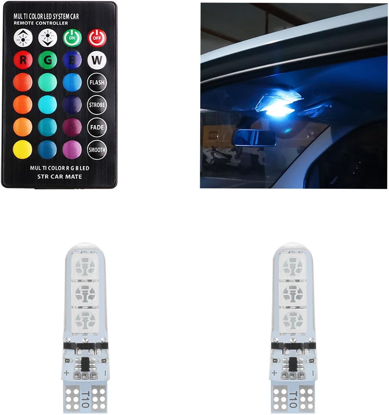 2Pcs T10 RGB LED Bulbs 16 Colors 4 Dynamic Modes Atmosph