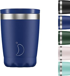 Chill's Taza de Café Aislada - Tazas de Café de Pared Doble con Tapa - Acero Inoxidable - Azul Mate, 340ml