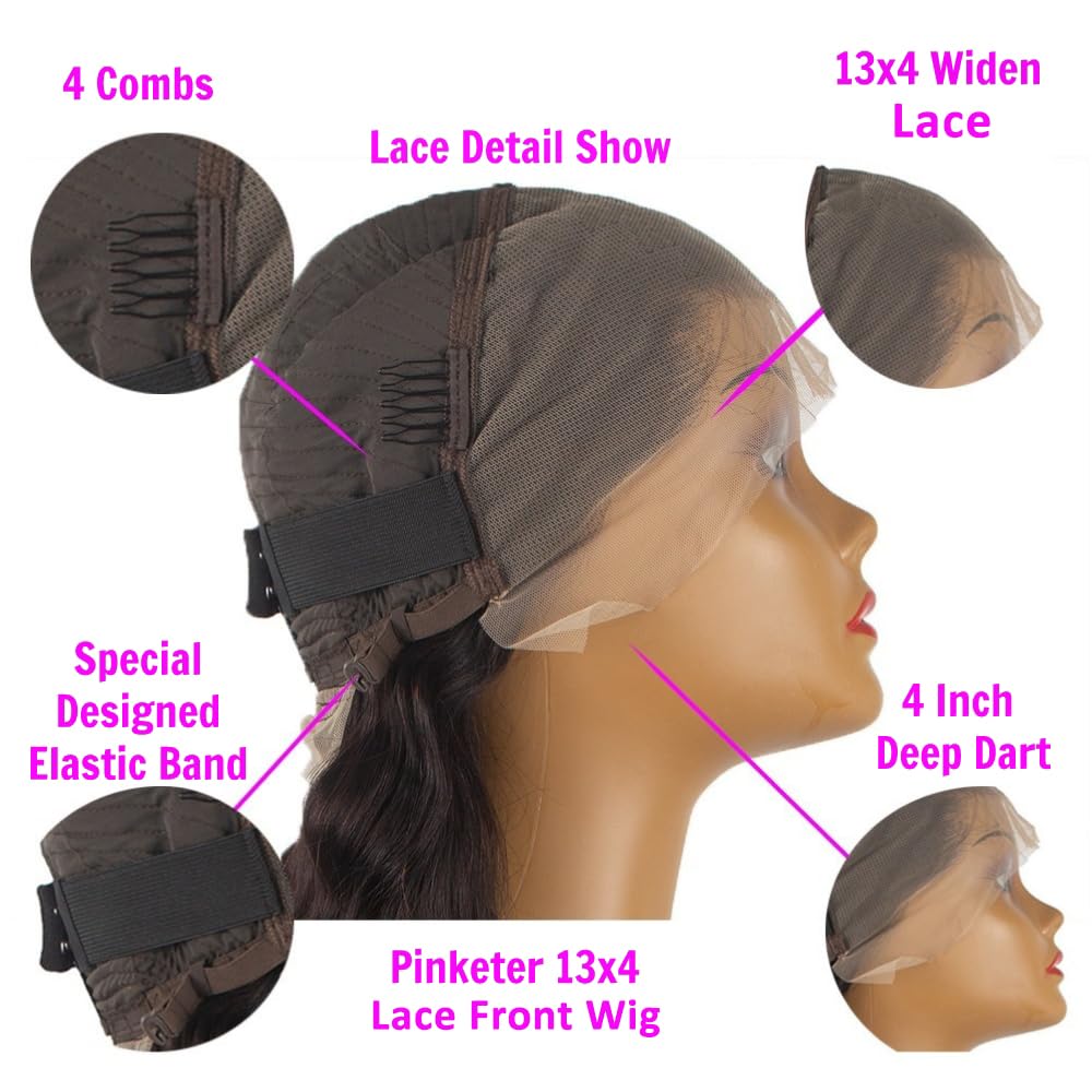 Pinketer 13x4 Body Wave Lace Front Wigs Human Hair 180% Density Brazilian Virgin Human Hair Wigs with Baby Hair Curly Wigs for Black Women Natural Color (Body Wave Wig, 18in)