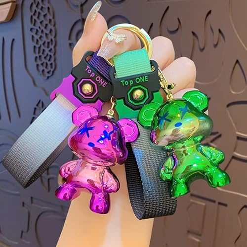 Hsyhere Cute Cool Plated Plating Color-Changing Star Bear Keychain Stylish Creative Fashionable Cartoon Animal Bag Pendant Car Key Pendant Metal Keyring Men Women Boy Girl-Green #TOP1