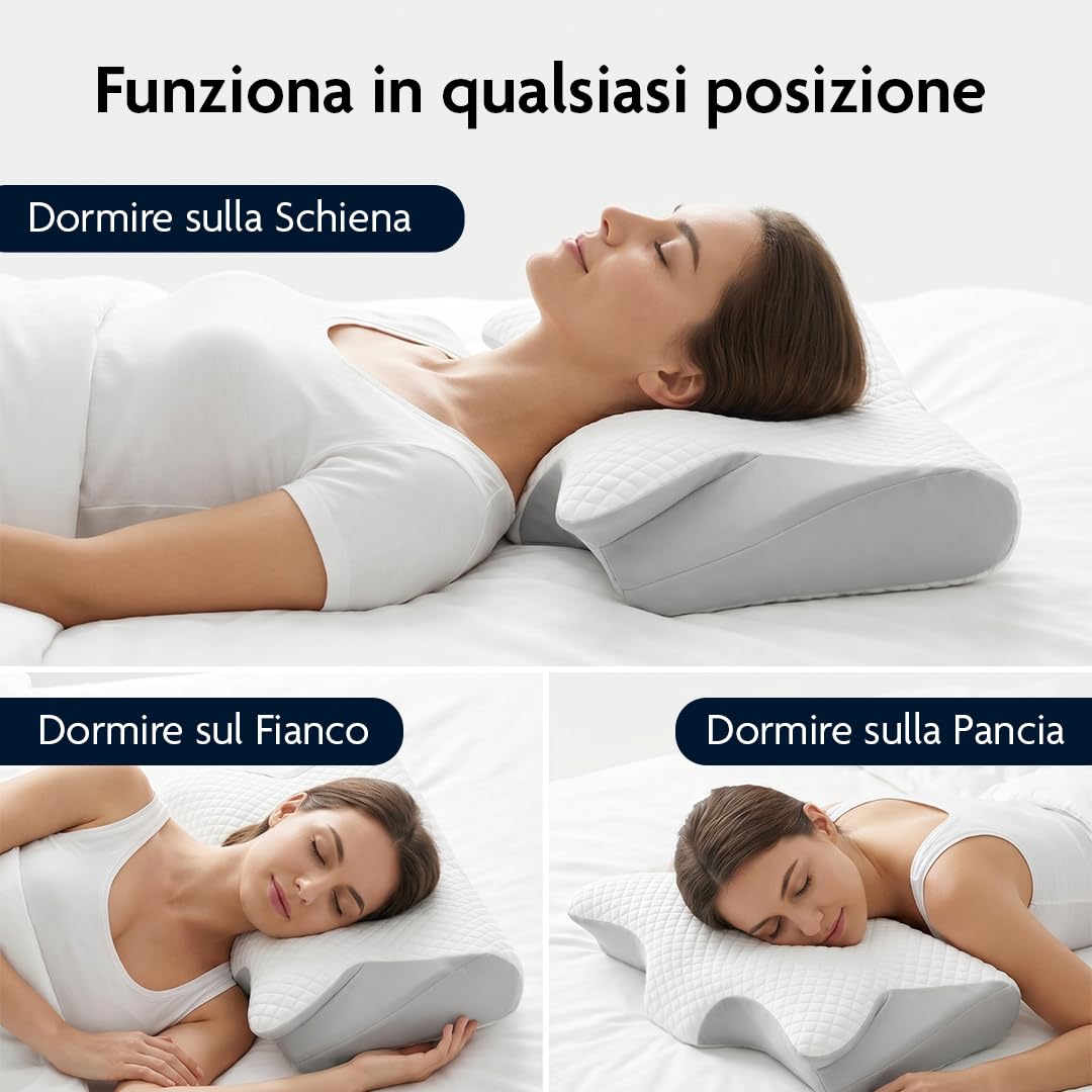 Cuscino Cervicale per Dormire a Farfalla in Memory Foam, Supporto Ortopedico Ergonomico Laterale, Supino e Proni, Federa Sfoderabile e Lavabile, Certificato OEKO-TEX Standard 100, 62x38x13 cm