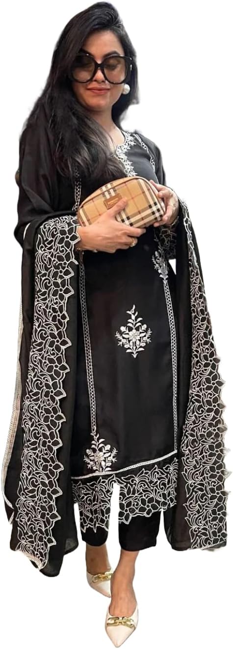 GoSriKi Women's Rayon Blend Straight Embroidered Kurta with Pant & Dupatta