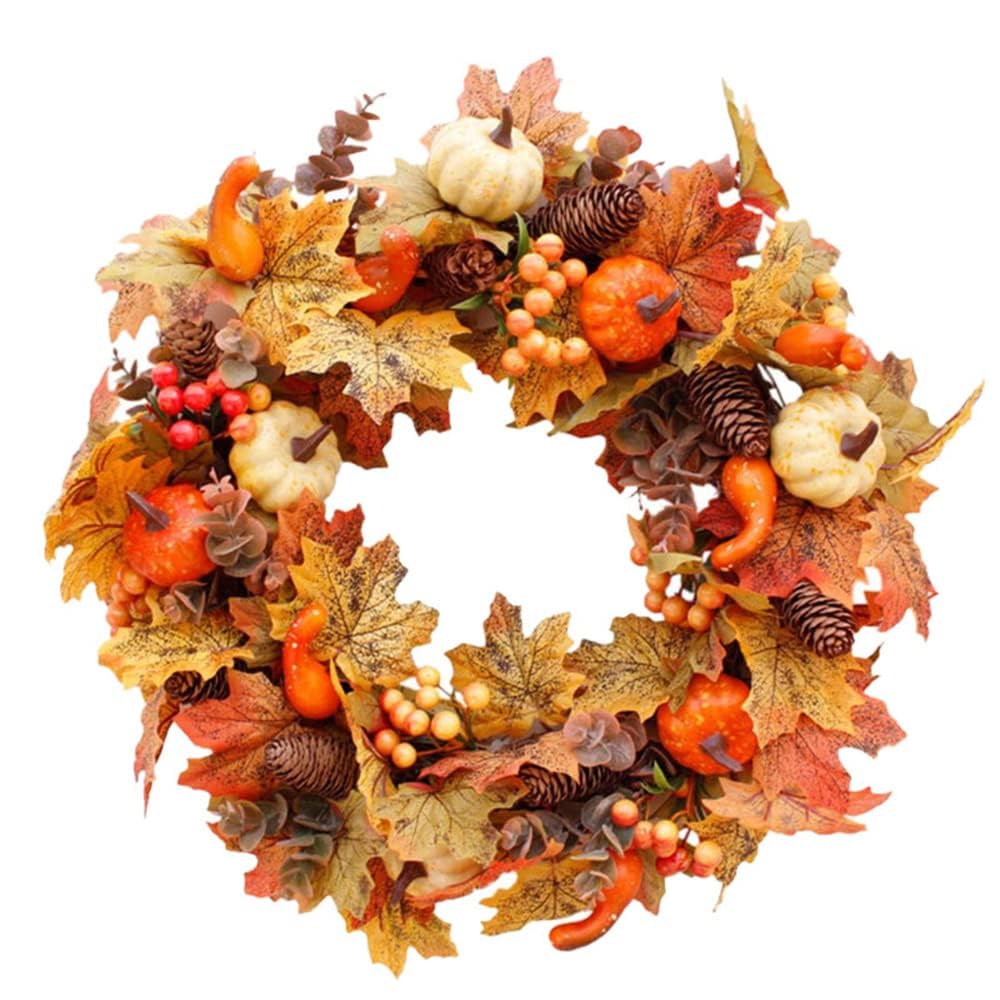 50cm Autumn Door Wreath, Artificial Autumn Maple Leaf Wreath for Front Door and Indoor Christmas Large Harvest Wreath Decorations with Pumpkin and Berry for Halloween, Thanksgiving (No Light)