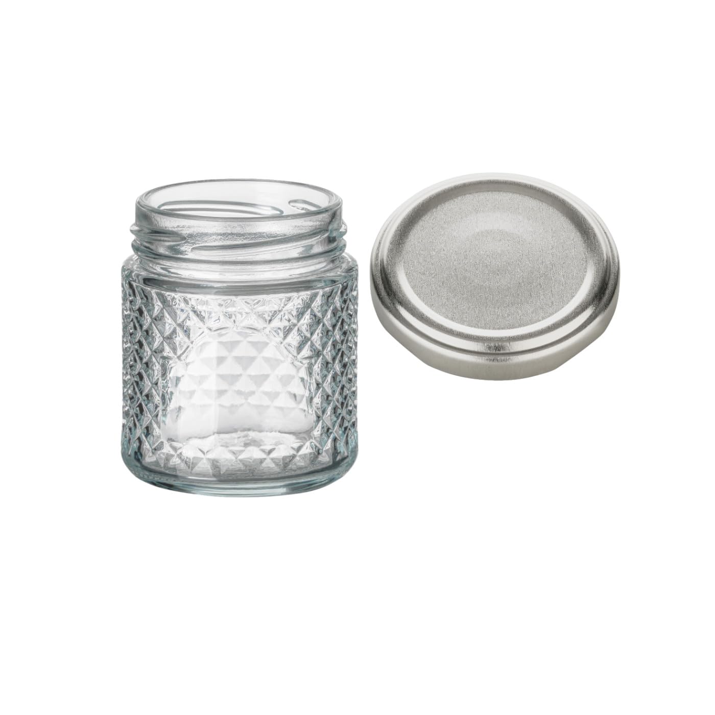 gouveo Set di 18 vasetti 100 ml rotondi in vetro cristallo con coperchio a vite argentato – Vasetti vuoti per conserve e conservazione – Piccoli barattoli decorativi con motivo a diamante (EGK150S)