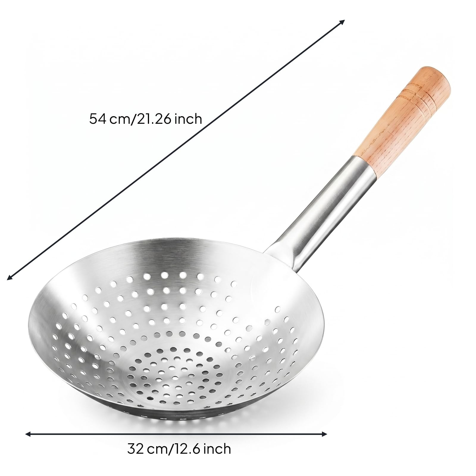 Colador de Acero Inoxidable con Diseño Seguro y Mango en Madera Utilidad Eficiente para Alimentos y Líquidos Calientes Cabeza Resistente Apto para Frituras Comidas Uso Casero, 32 Cm
