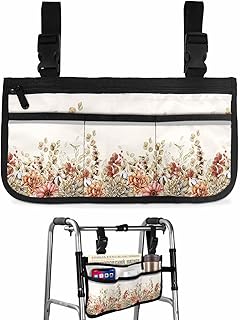 Eucalyptus Leaves Fall Wheelchair Side Bag Walker Bag, Country Dahlia Botanical Autumn Wheelchair Accessories Armrest Pouch, Organizer Storage Bag for Walkers, Rollators, Scooters, 7.3'x13'