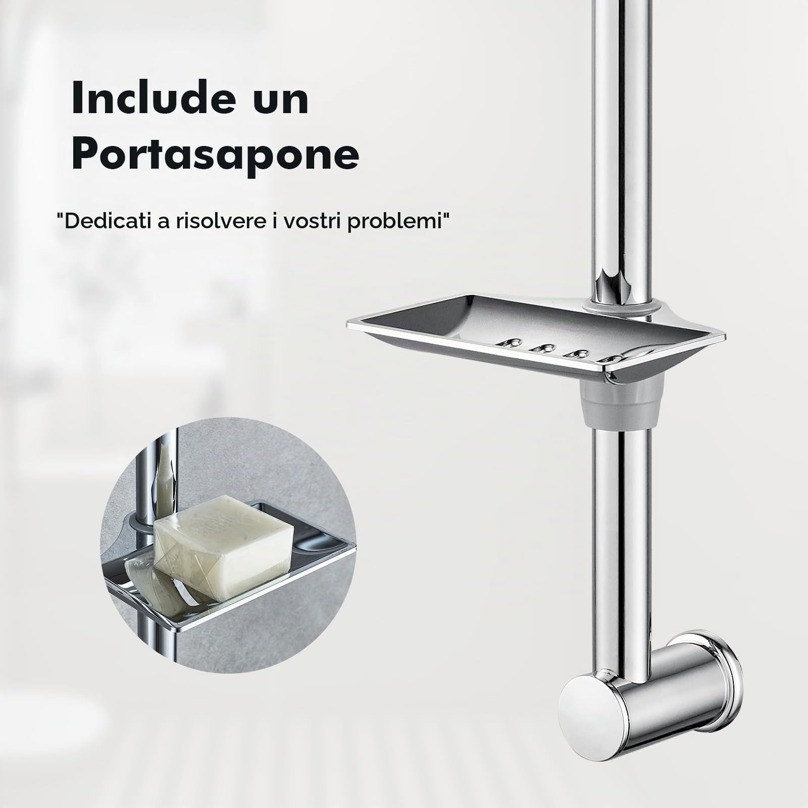 Ibergrif M20802 Barra de Ducha, 56-58cm Barra Ducha Pared con Jabonera y Soporte Ajustable para Cabezal de Ducha, Acero Inoxidable, Universal, Plata