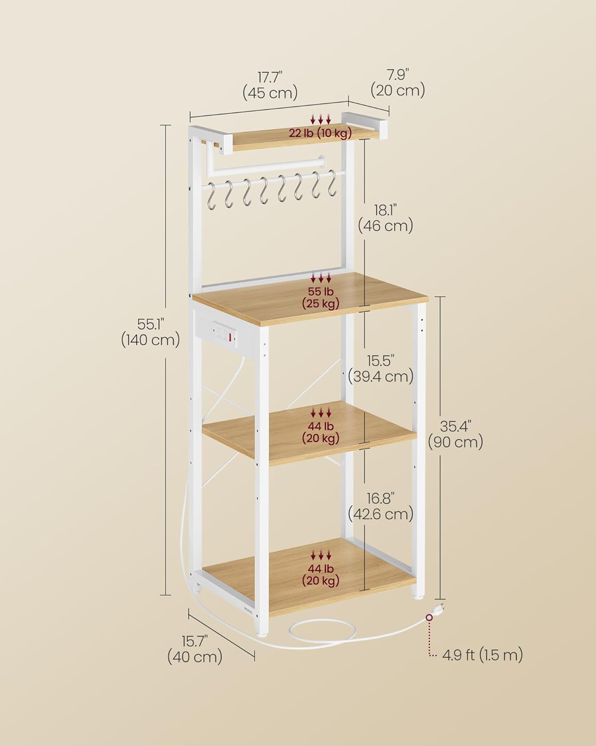 VASAGLE Kitchen Bakers Rack with Power Outlet, Coffee Bar 4-Tier with 8 S Hooks, Microwave Stand, Adjustable Shelf, for Small Spaces, 15.7 x 17.7 x 55.1 Inches, Golden Oak and Cloud White UKKS013YA01