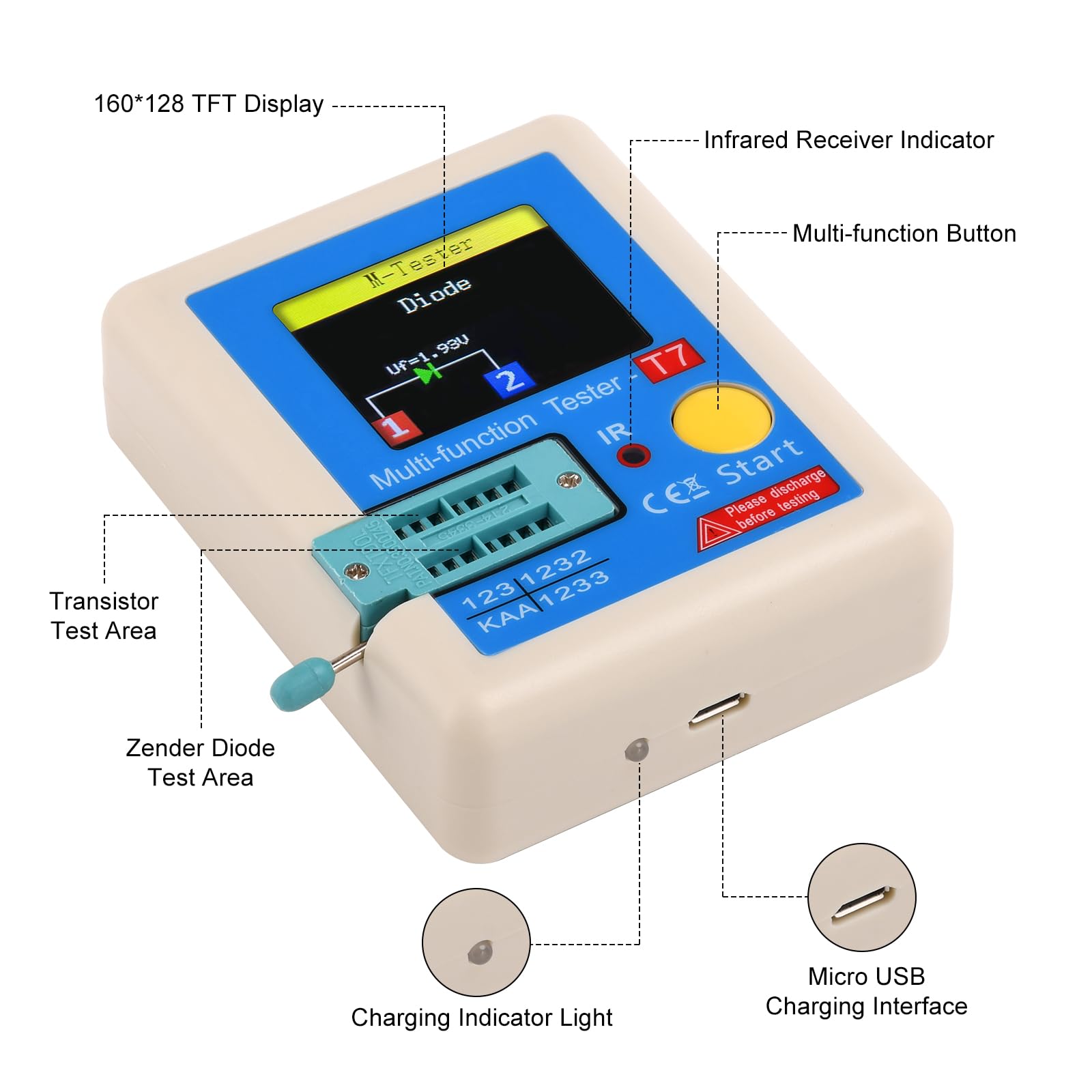 LCR-TC7 Transistor-Tester, ESR LCR Multifunktions-Transistor-Tabelle mit TFT-Farbdisplay Kapazitätsmessgerät für Dioden, Dreipoden, Kondensatoren, NPN, PNP, MOSFET, IR