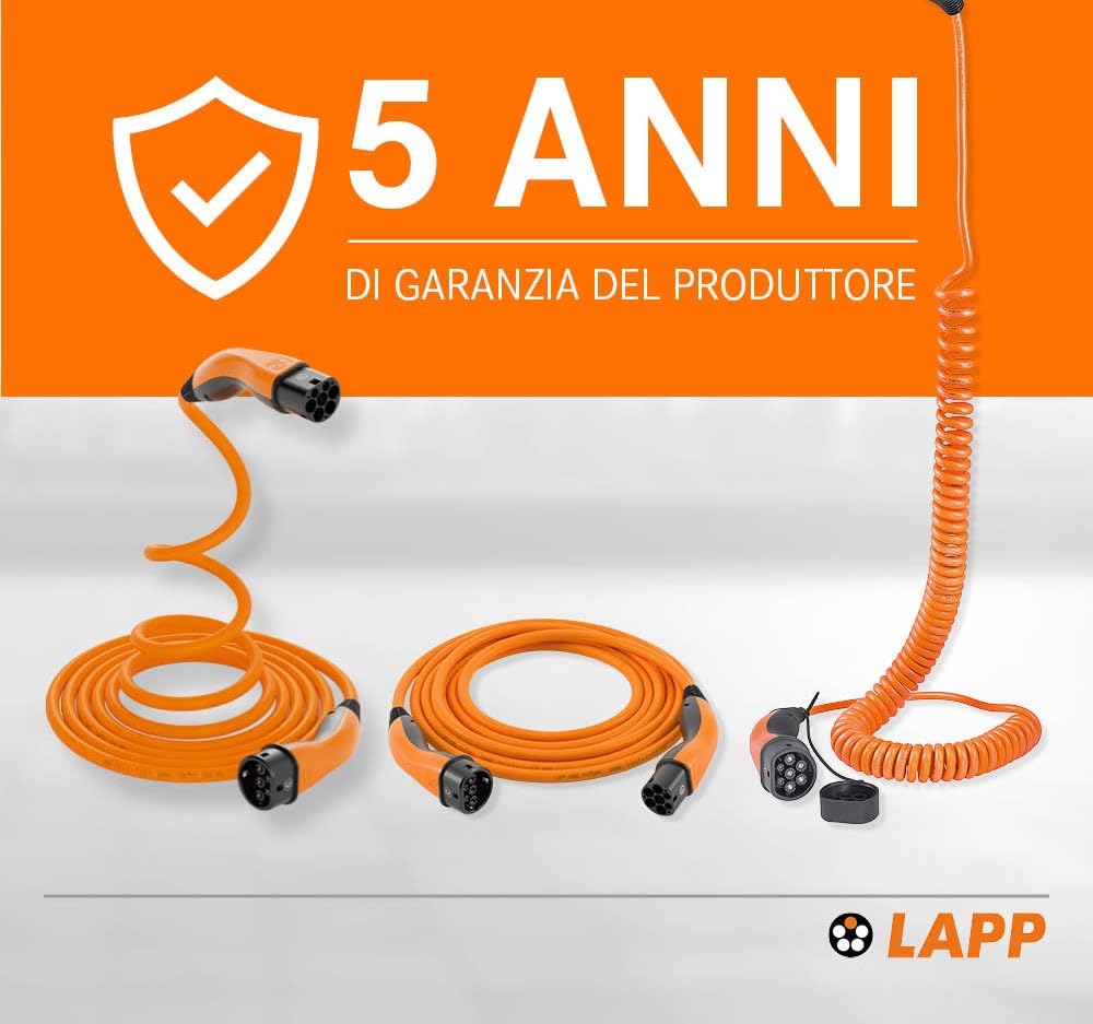 Lapp Mobility Helix - Cavo di Ricarica Tipo 2, 22 KW/autoavvolgente, 32 A, 3 Fasi, per Auto elettrica, modalità 3/5 m