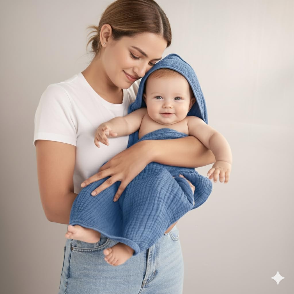 Muslin Hooded Baby Towels for Newborns, 32"x32", 100% Cotton – 6 Layers Super Soft Absorbent Breathable, Baby Bath Towel, Toddler Bath Towel – Pack of 2 - Image 6