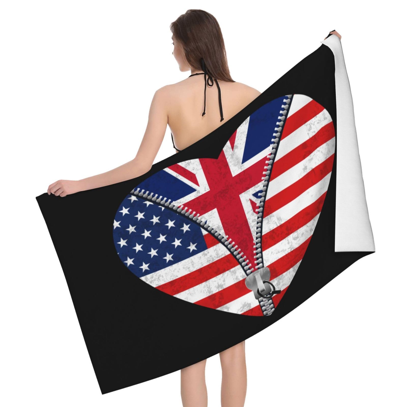 HLBSDM Microfiber Heart America Flag and Britain Flag Beach Towel Quick Dry Soft Sand Free Beach Towels for Pool Swim Beach Lightweight Thin Towels
