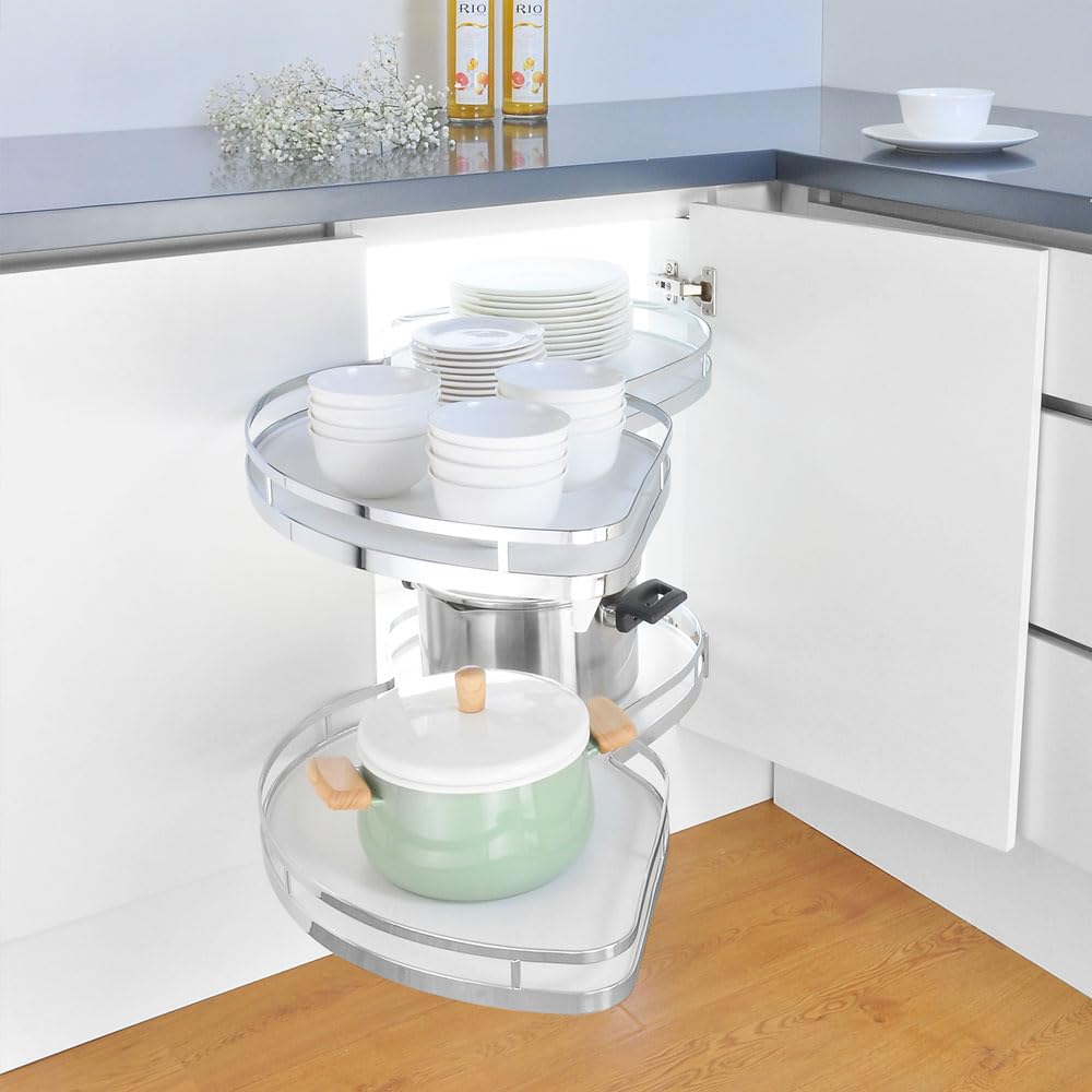 Magic Corner with Wood Basket Surround and Chrome Finish, 2-Tier Pull-Out Shelving Unit for Blind Corners, Swing Tray Design, Easy Door Adjustment, Maximizes Kitchen Storage